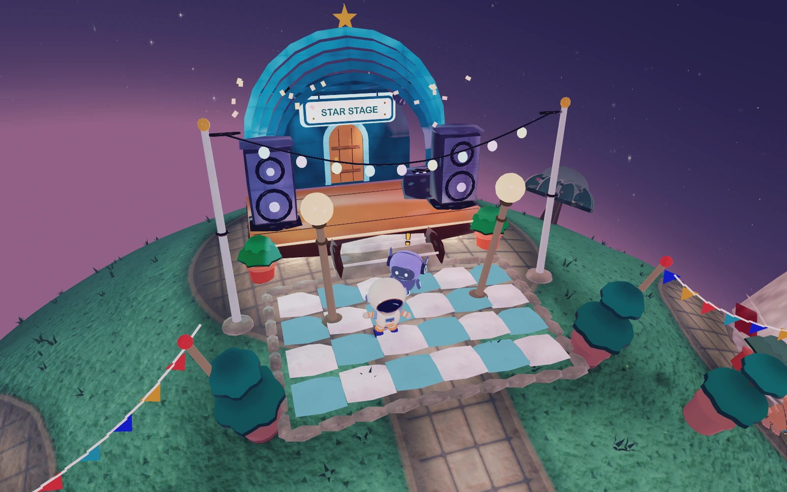 The Star Stage, with colorful lights, a checkerboard dance floor, and an astronaut dancing