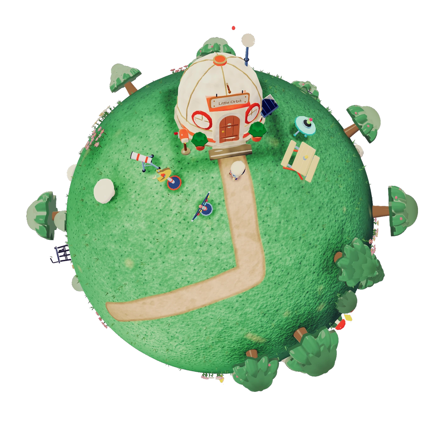 Your home on a tiny green planet, with a picnic table, telescope, moon lamp, and UFO planter