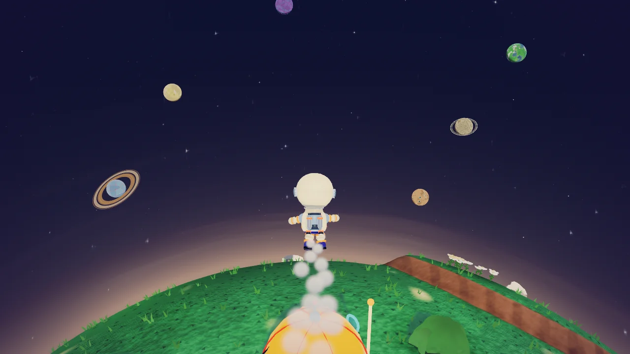 An astronaut rises above the landscape with a jetpack