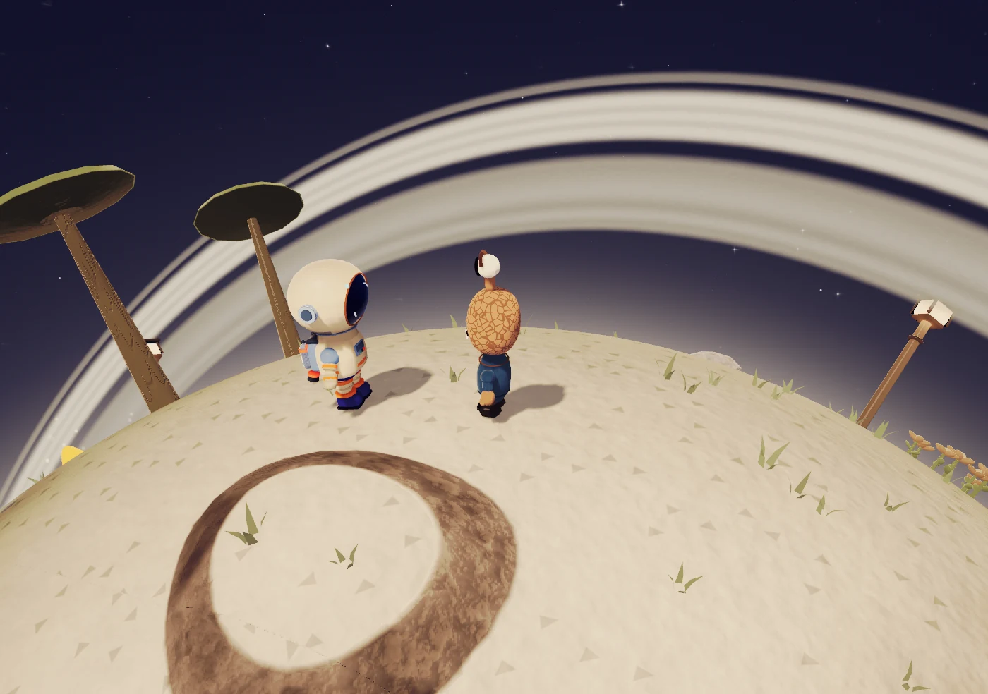 The astronaut meeting Grig on a pale planet with tall disk-shaped trees, small flowers, and sweeping rings overhead