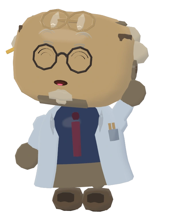 Professor Comet smiling and waving, wearing spectacles and a lab coat