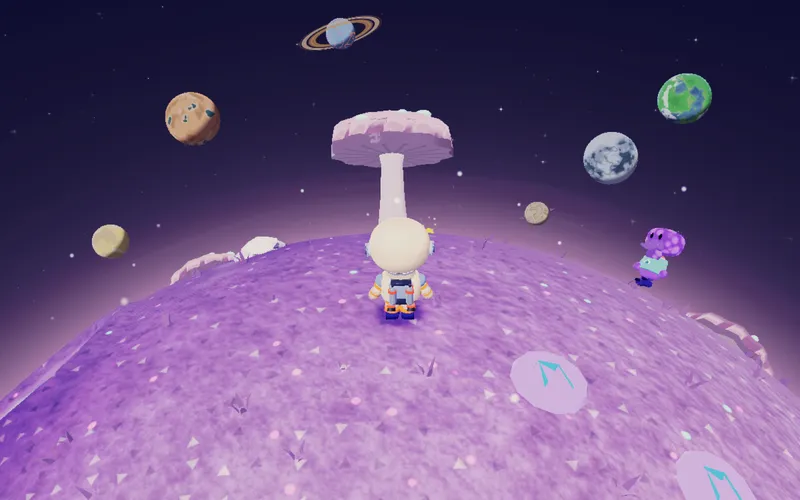 Zorp stands beside the astronaut on a violet planet